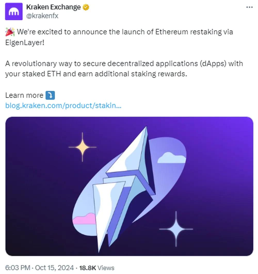 kraken adds eigenlayer restaking