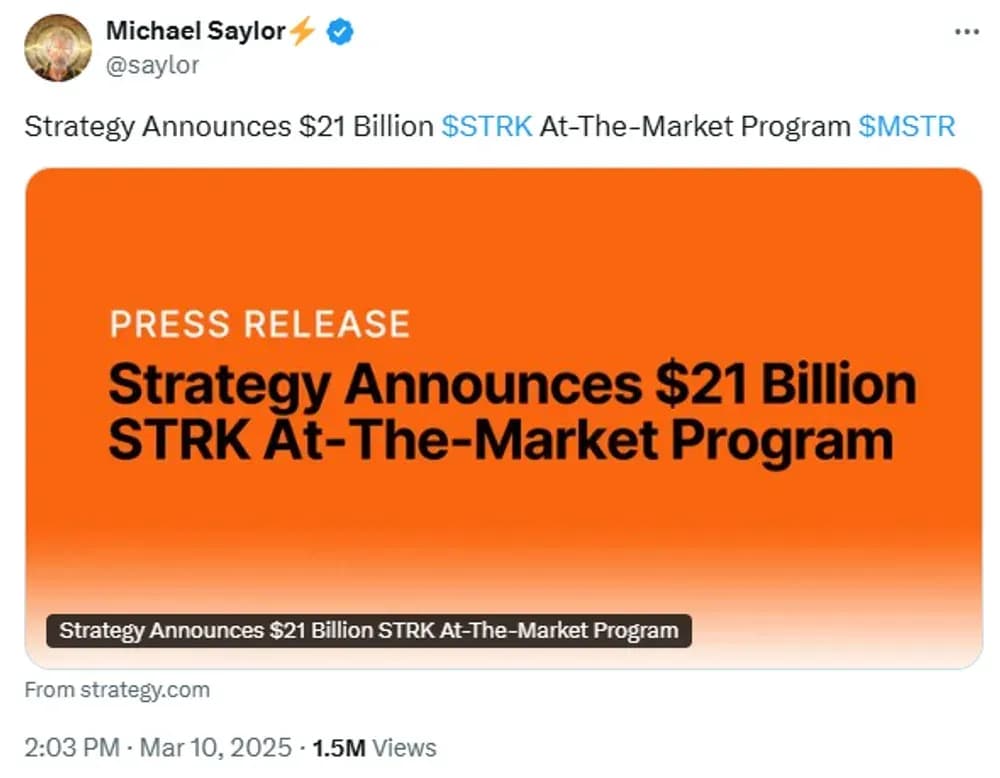 Strategy Plans $21B Raise for BTC Purchases Amid Market Dip