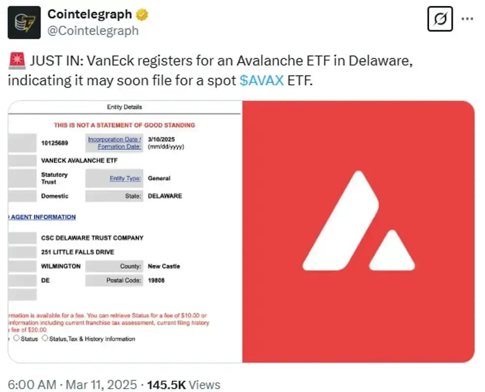 VanEck Registers Avalanche (AVAX) ETF in Delaware
