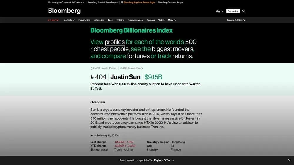 Il patrimonio Justin Sun nel 2026