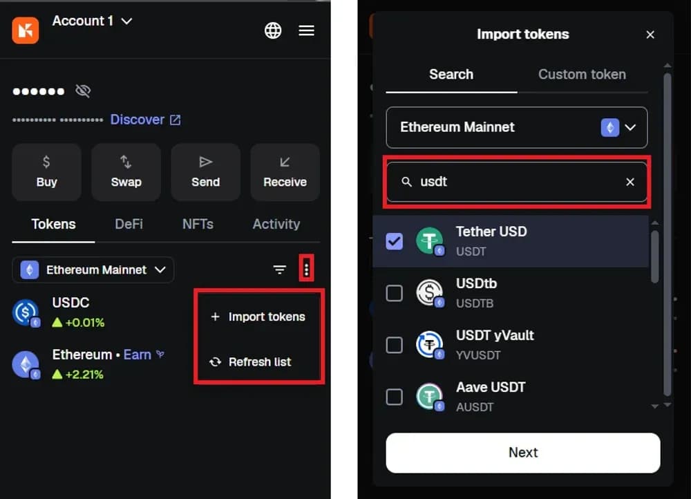 Aggiungi USDT la funzione di ricerca token integrata MetaMask