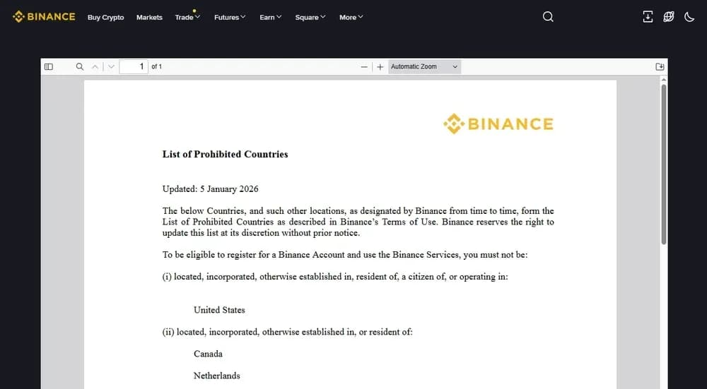 ما هي الدول التي تفرض عليها Binance ؟