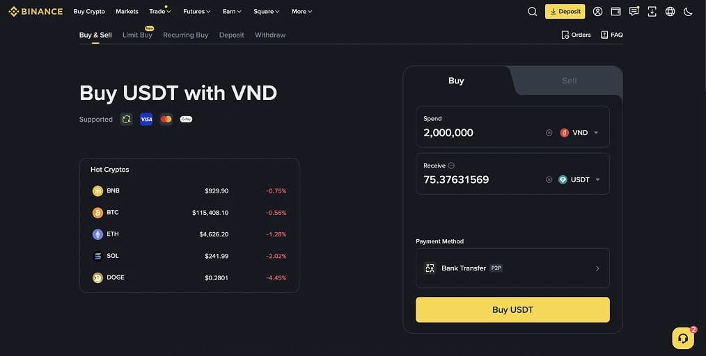 2. Binance  Le meilleur choix pour bénéficier de la plus grande liquidité au Vietnam
