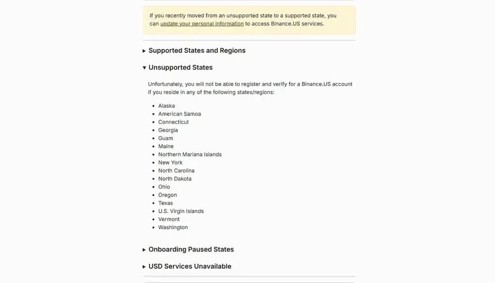 الولاياتUS في منصة Binance US