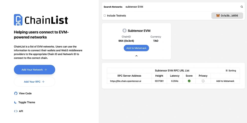 Aggiungi Bittensor EVM  MetaMask