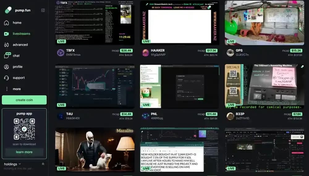 Diffusions en direct sur Pump.fun