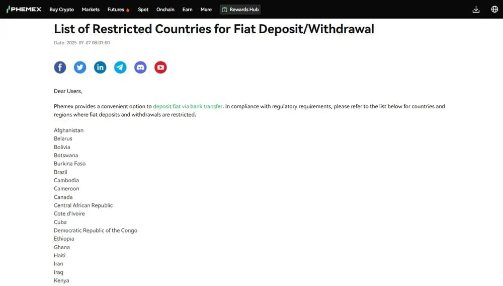 List of Phemex Fiat-Restricted Countries