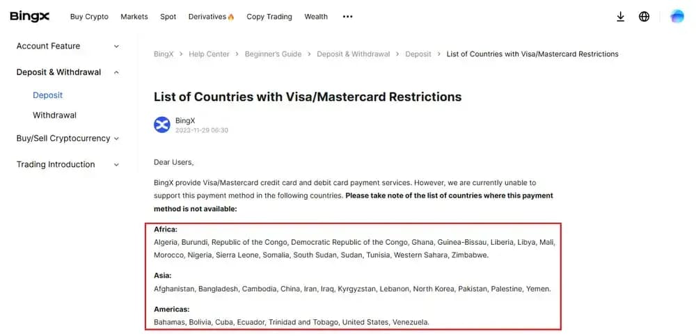 BingX Visa and Mastercard Restriction List