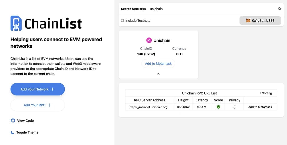 Add Unichain to MetaMask