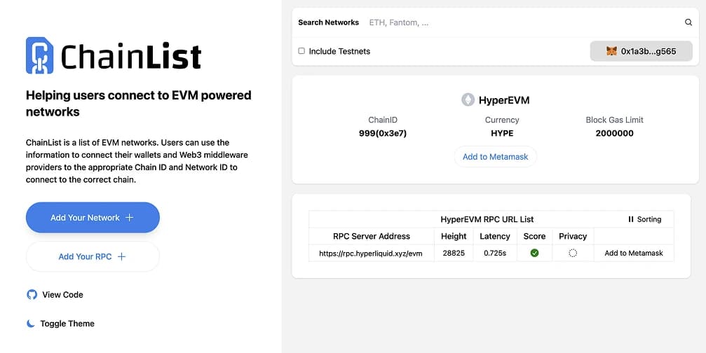 Add HyperEVM to MetaMask