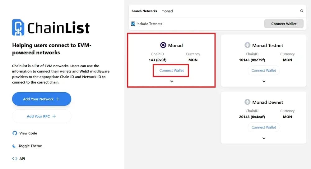 Añade Monad  MetaMask  ChainList