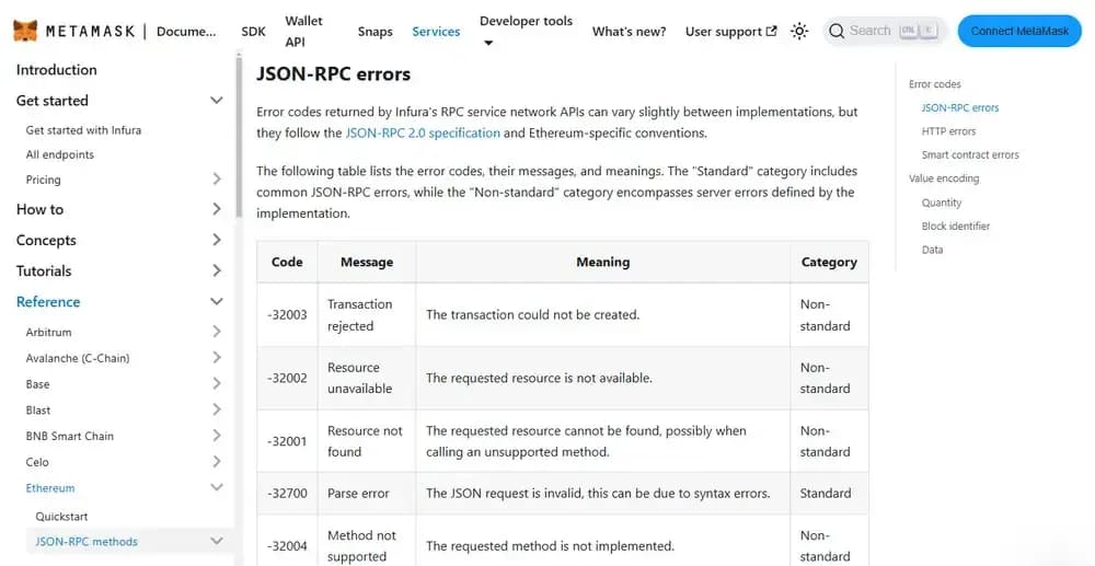 Типы ошибок json в metamask