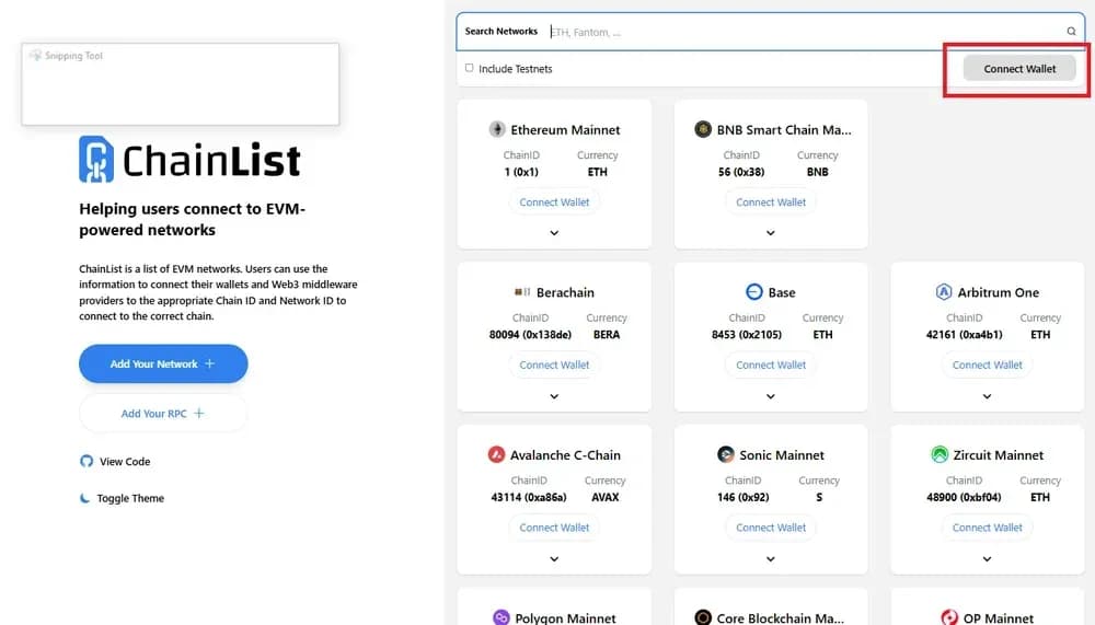 подключить wallet  chainlist