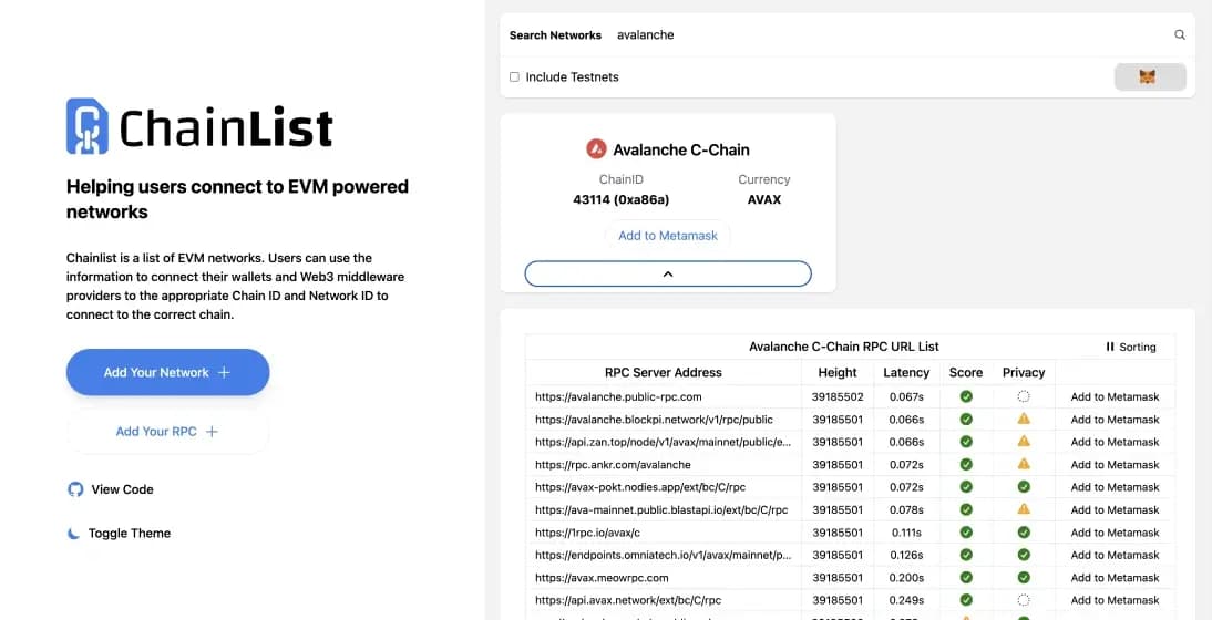 Avalanche 添加Avalanche  MetaMask