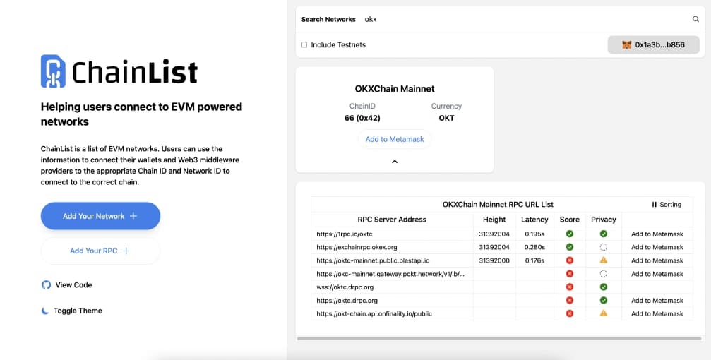 Add OKT Chain to MetaMask