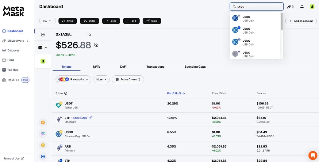 أضف USDC  MetaMask