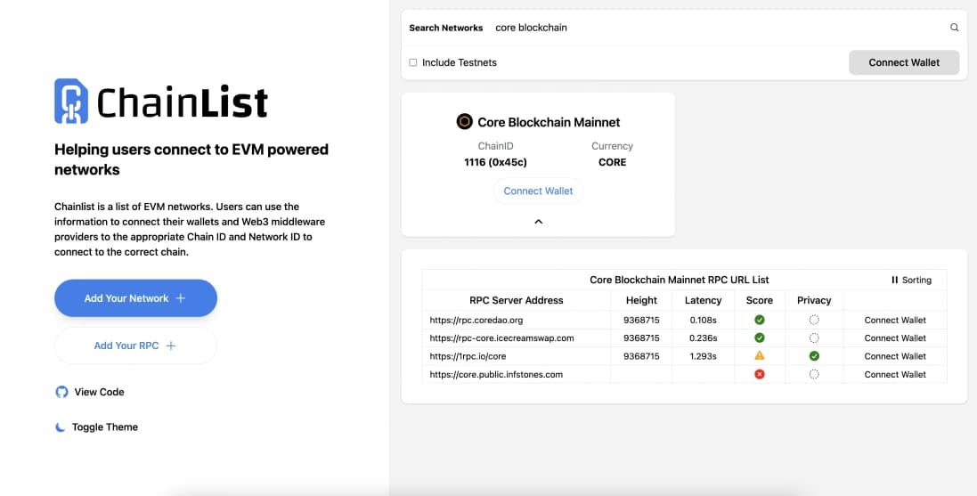 Core zu MetaMask hinzufügen