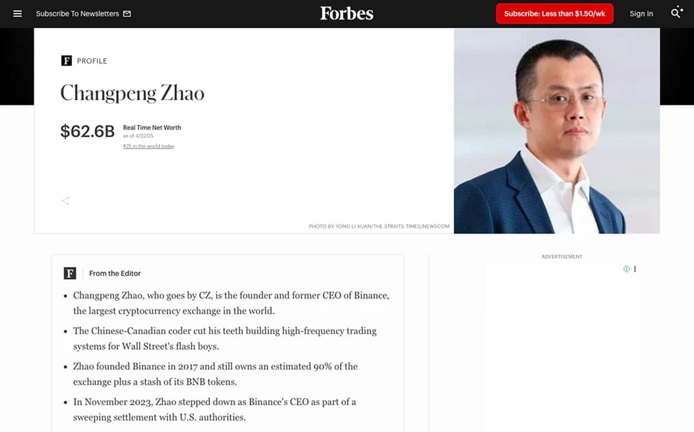 Changpeng Zhao (CZ) Net Worth