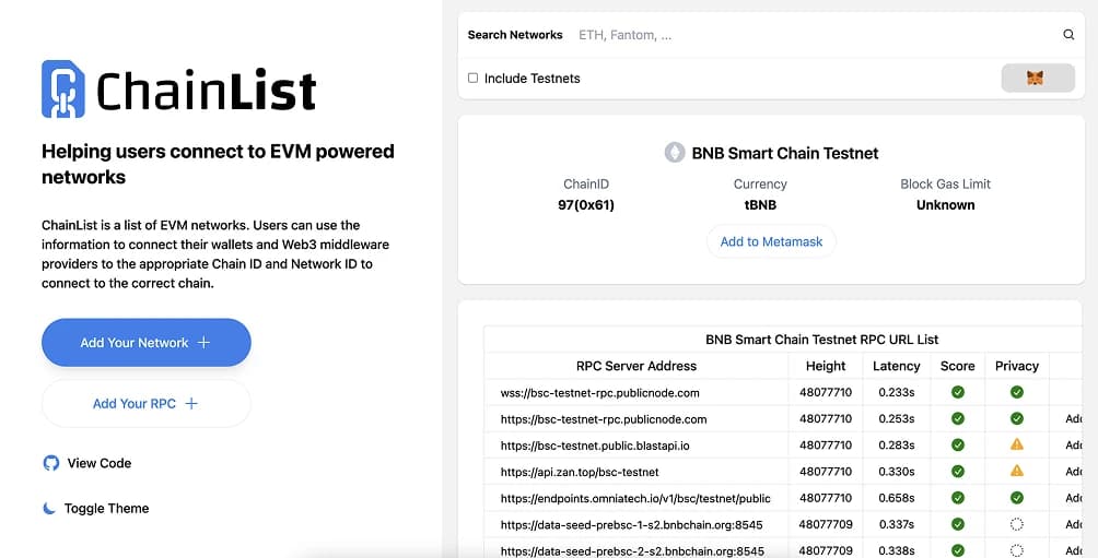 Aggiungi Testnet  BNB Chain Testnet  MetaMask