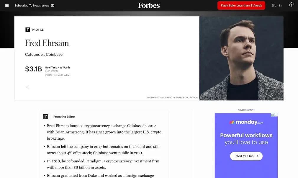 Fred Ehrsam's Net Worth.