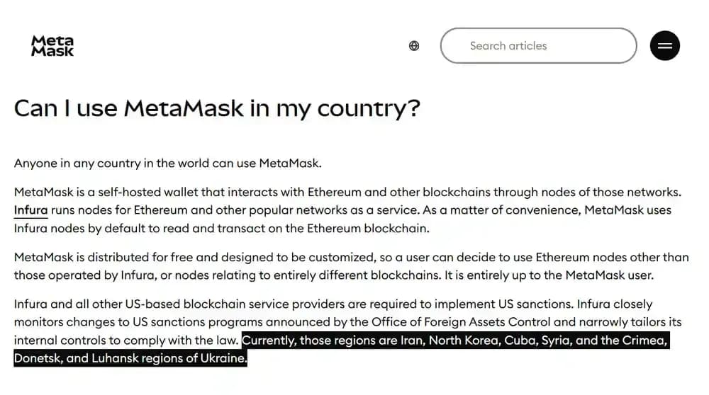Länder, in denen MetaMask ist