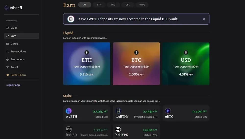 EtherFi Earn Yield