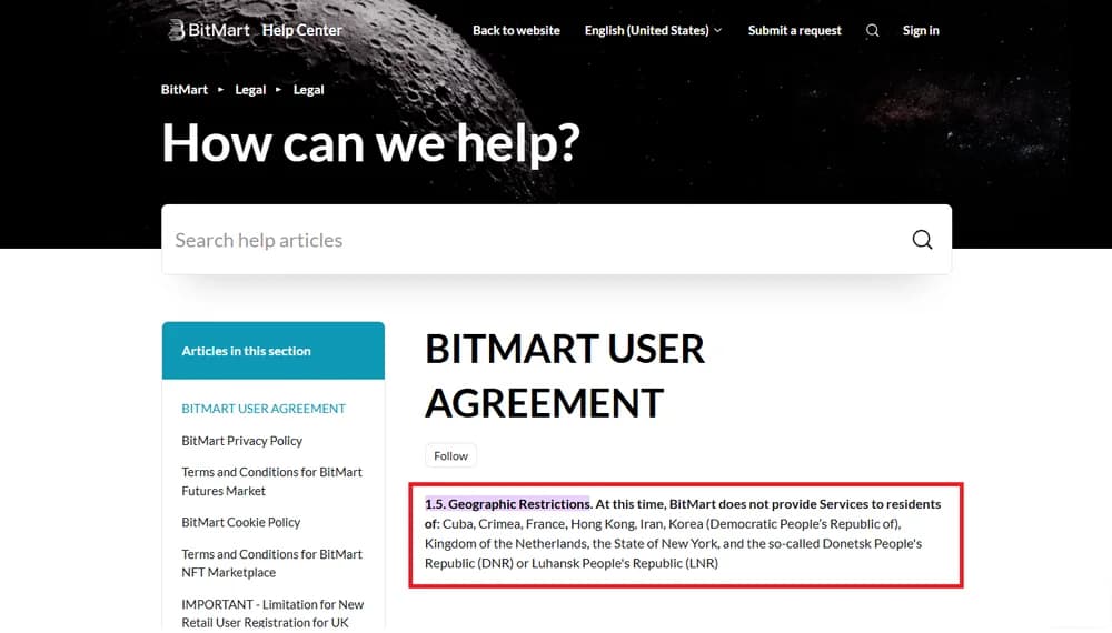 ما هي الدول التي تفرض عليها Bitmart ؟