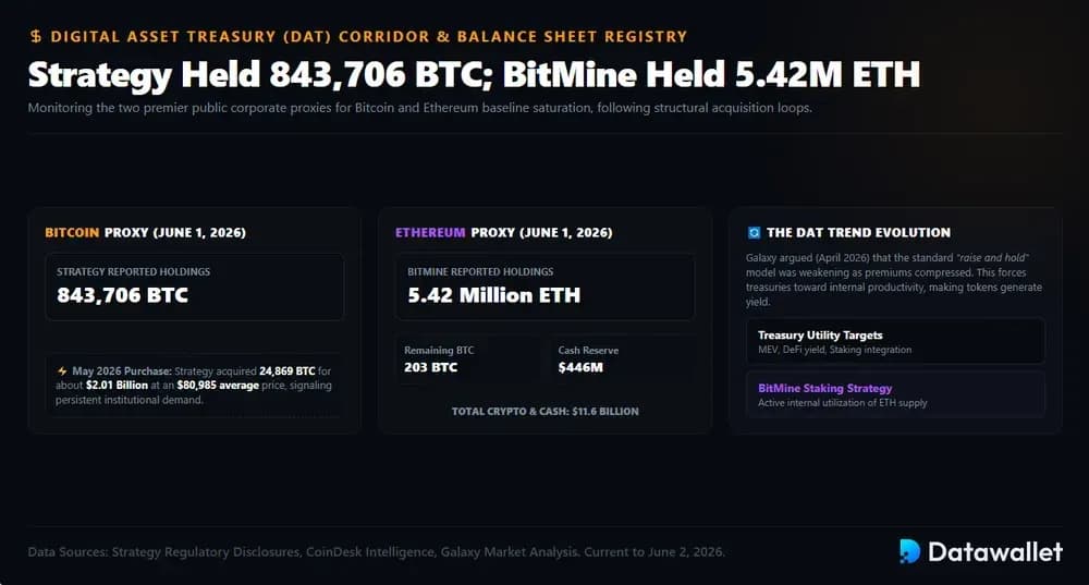 Strategy Held 843,706 BTC; BitMine Held 5.42M ETH