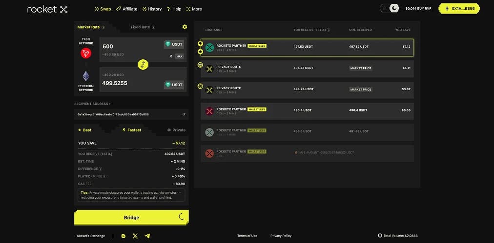 Bridging USDT TRC20 USDT account (RocketX)