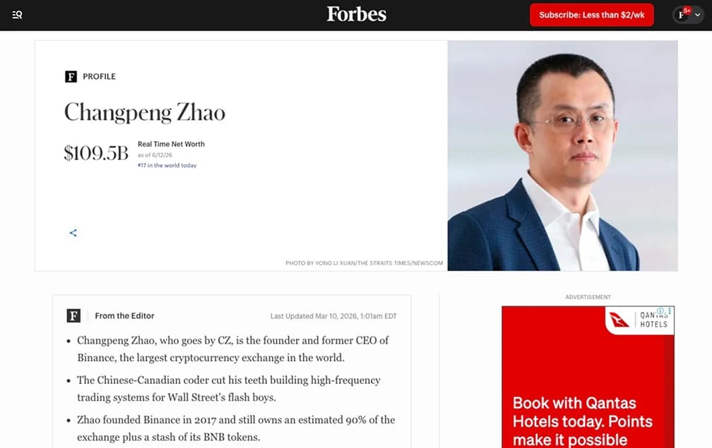 La fortune Changpeng Zhao
