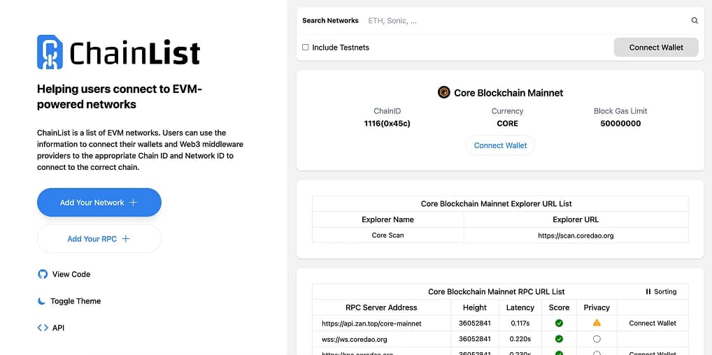 Добавить Core в MetaMask