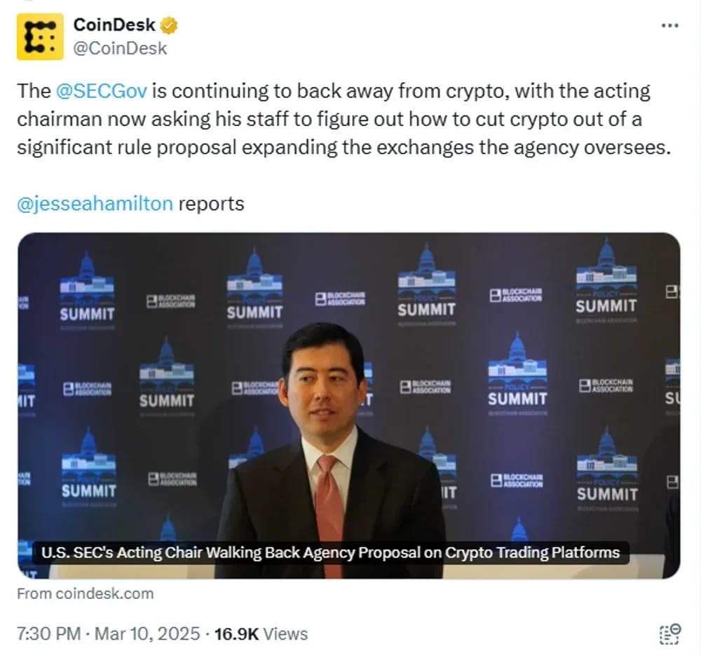 SEC’s Acting Chair Moves to Reverse Crypto Trading Rule