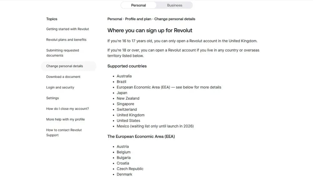 دعم حساب Revolut الشخصي