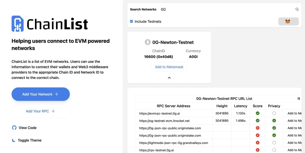 Ajouter 0G à MetaMask