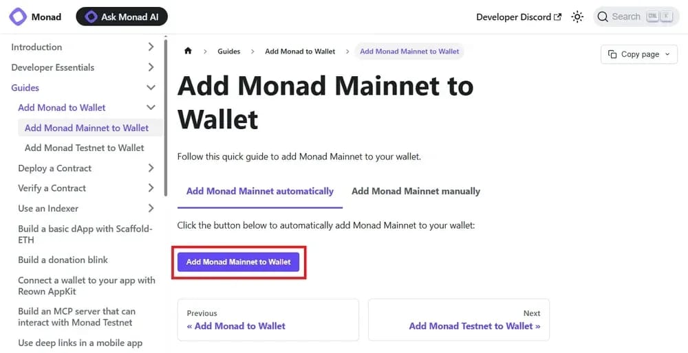 Add Monad to MetaMask Automatically