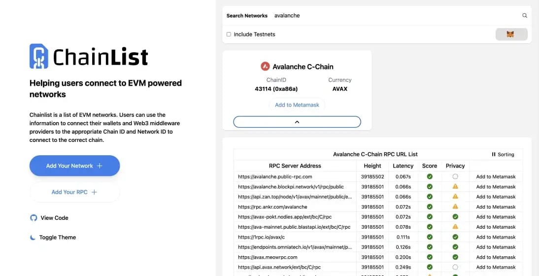Avalanche 添加Avalanche  MetaMask