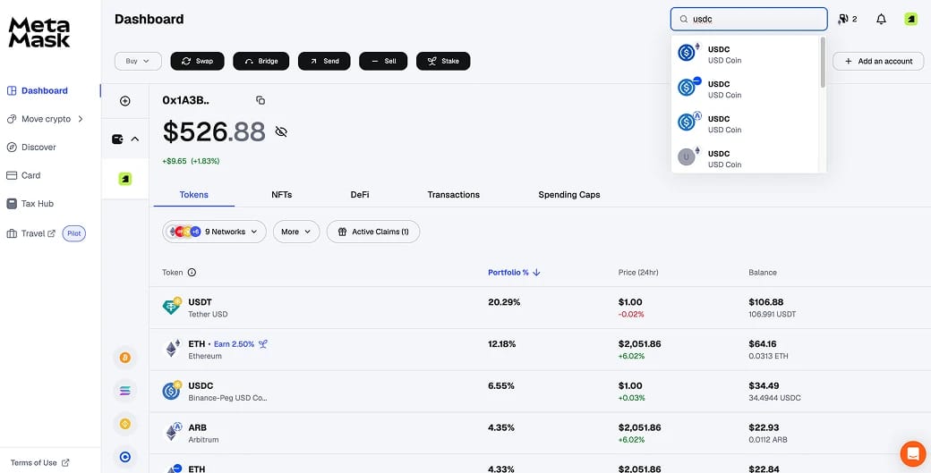 Añadir USDC  MetaMask