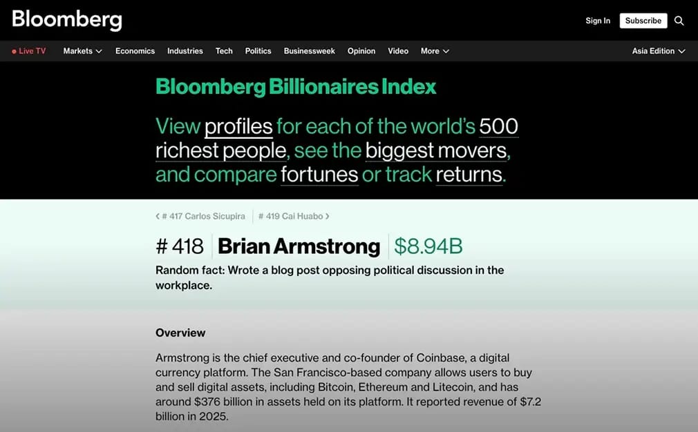 Brian Armstrong Bloomberg.