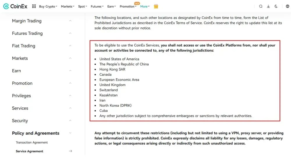 Which Countries Does CoinEx Restrict