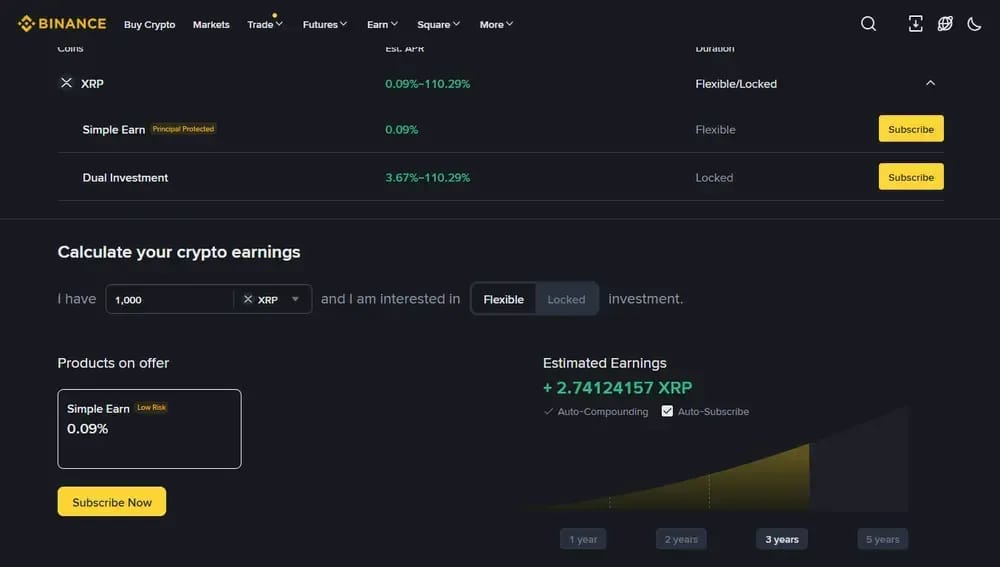 Binance XRP yield