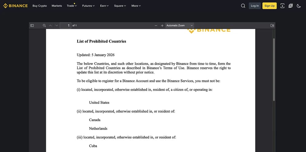 Какие страны ограничивает Binance?
