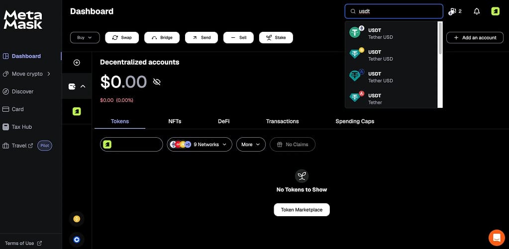Ajouter de l'USDT avec la recherche intégrée de MetaMask