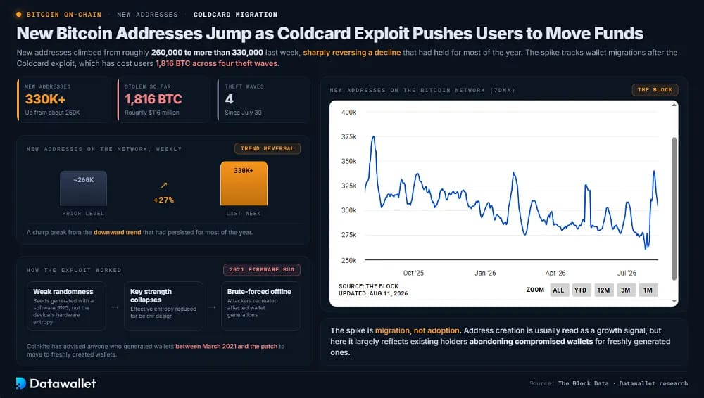 New Bitcoin Addresses Jump as Coldcard Exploit Pushes Users to Move Funds