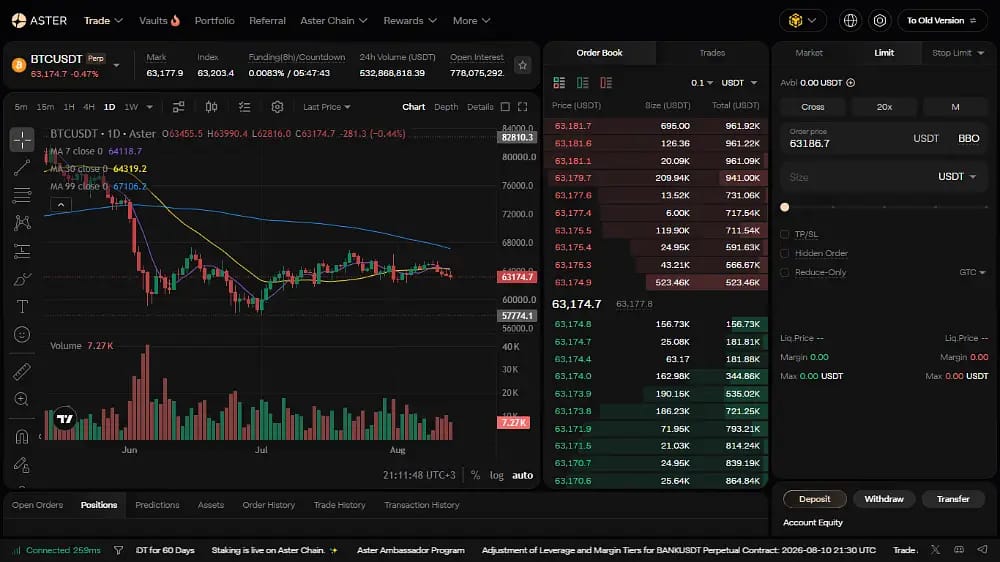 Interface du DEX Aster