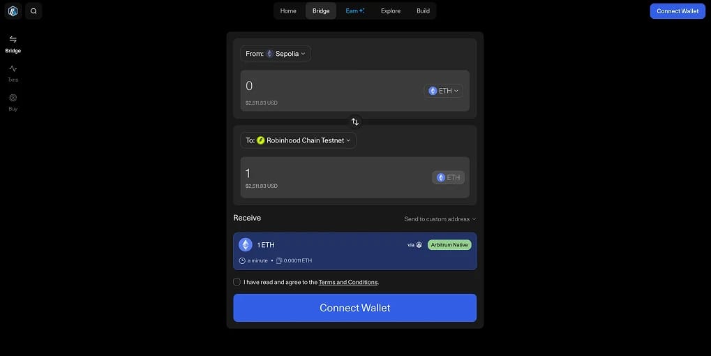 bridging Sepolia ETH إلى شبكة اختبار Robinhood Chain