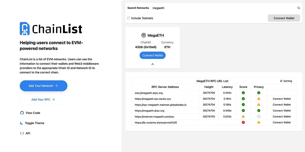 Añadir MegaETH con ChainList