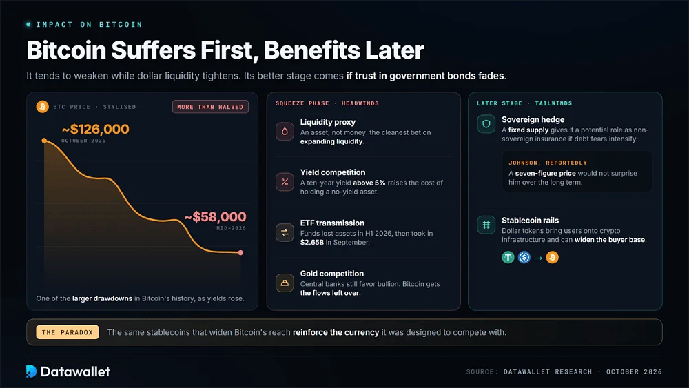 Bitcoin's fall from about $126,000 in October 2025 to about $58,000 by mid-2026, with squeeze-phase headwinds and later-stage tailwinds under the Dollar Milkshake Theory