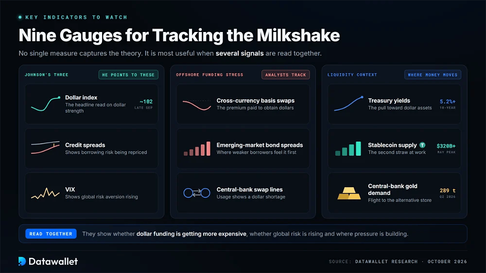 Nine indicators for tracking the Dollar Milkshake Theory, grouped into Johnson's dollar index, credit spreads and VIX, offshore funding stress gauges and liquidity context
