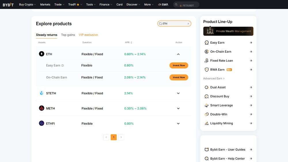 قائمة منتجات Bybit Earn لـ ETH تُظهر Easy Earn بعائد سنوي (APR) قدره 0.80% و On-Chain Earn بعائد سنوي يتراوح بين 2.06% و 2.14%، إلى جانب خيارات stETH و mETH
