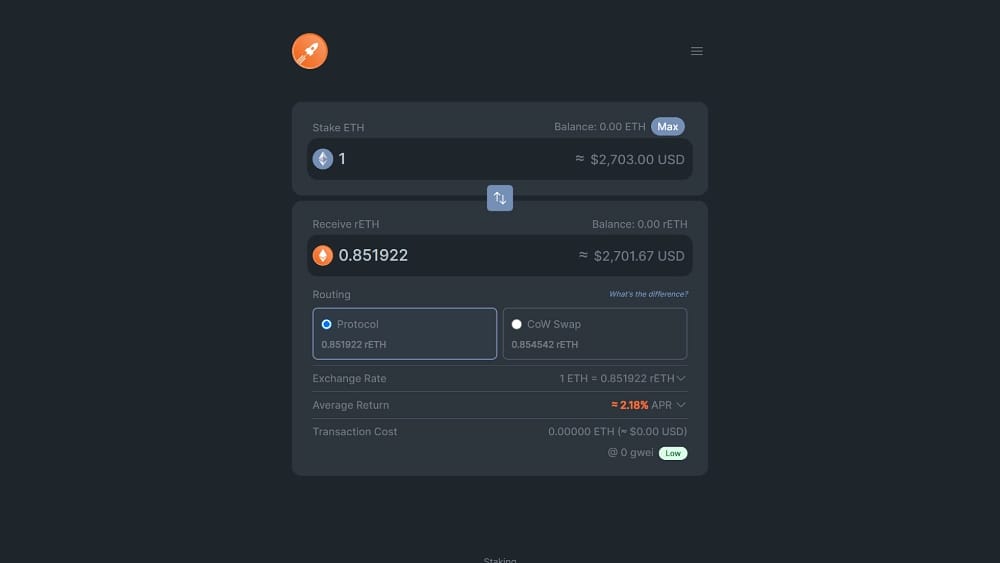 أداة staking الخاصة بـ Rocket Pool تبادل 1 ETH مقابل 0.851922 rETH مع توجيه البروتوكول وCoW Swap ومتوسط APR يبلغ 2.18%